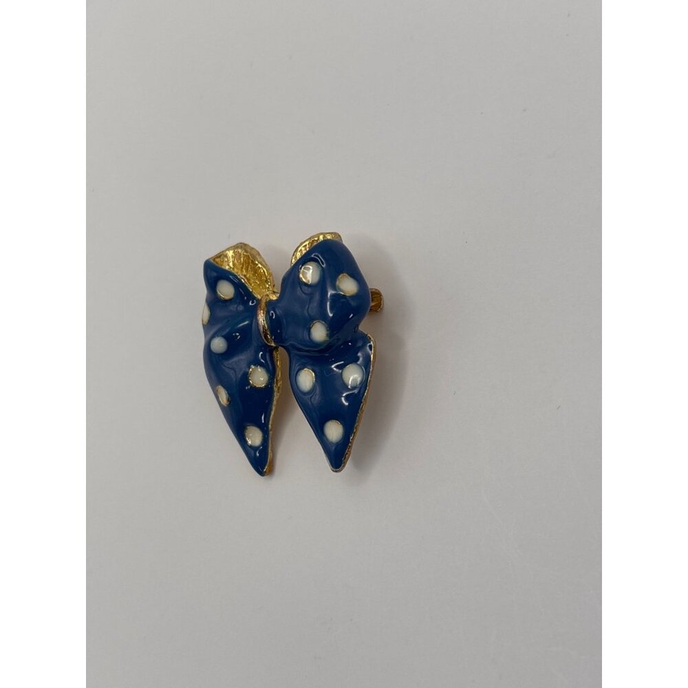 Vintage Gold Tone Blue White Polka Dot Enamel Bow Brooch Pin Small - Picture 2 of 5